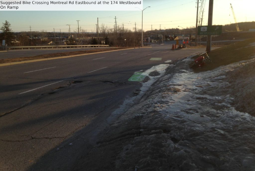 Suggested bike crossing Montreal Rd eastbound at the 174 westbound onramp.