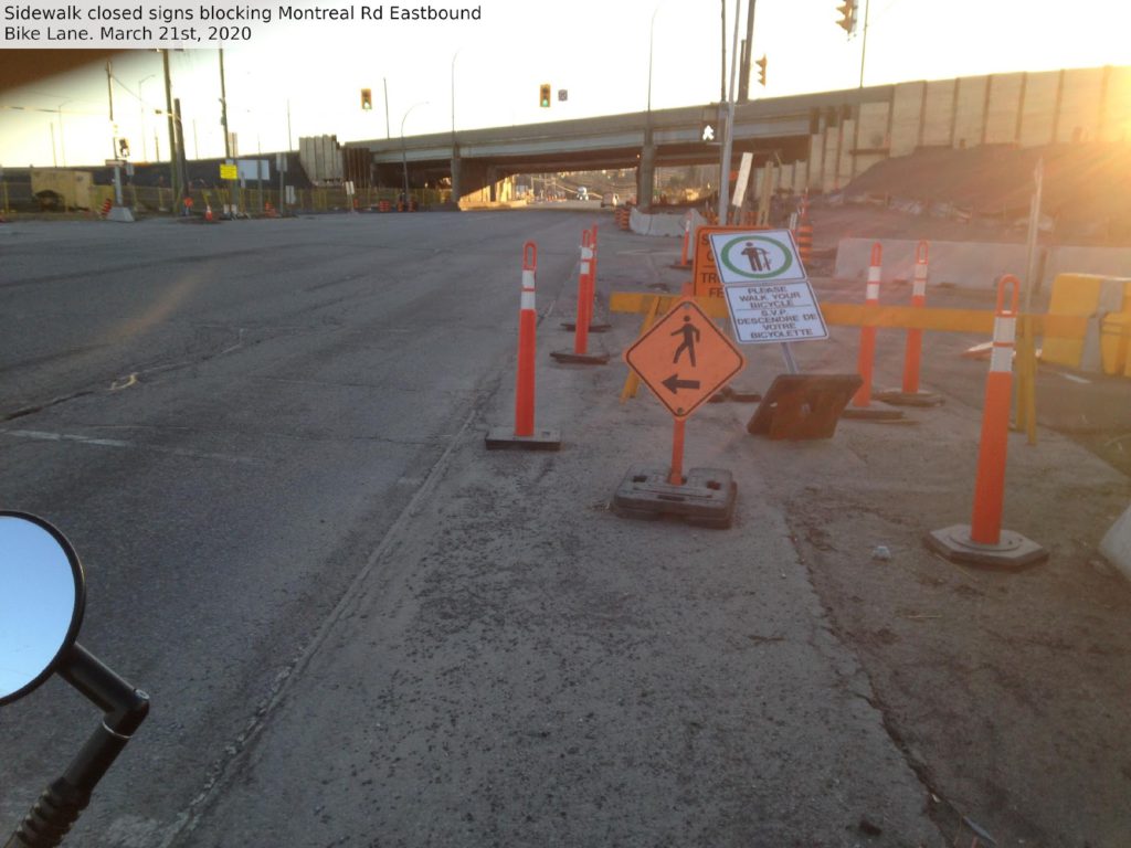 Sidewalk closed signs blocking Montreal Rd eastbound bike lane, March 21, 2020.