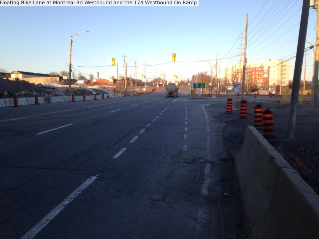 Floating bike lane at Montreal Rd westbound and the 174 westbound onramp.