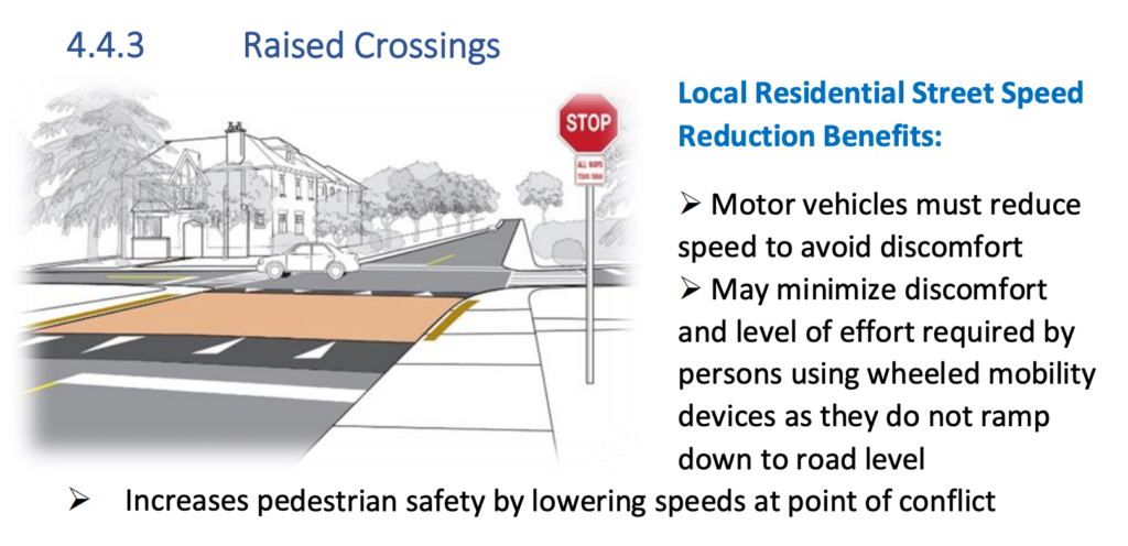 Screenshot of Section 4.4.3 of the Tool Kit, reads: Raised Crossings 
Local Residential Street Speed Reduction Benefits: Motor vehicles must reduce speed to avoid discomfort, May minimize discomfort and level of effort required by persons using wheeled mobility devices as they do not ramp down at road level, increases pedestrian safety by lowering speeds at point of conflict.