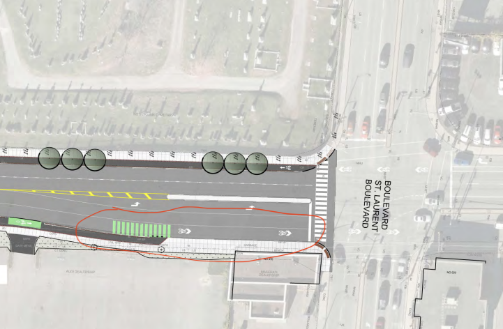 
Screen capture of the roll plan design where the cycle tracks end and people on bikes merge with motorist traffic, complete with sharrows. 