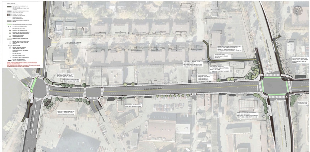 Screen capture of the roll plan where people on bikes are diverted from Montreal Road to a neighbourhood MUP to connect back to the Rideau River Pathway.