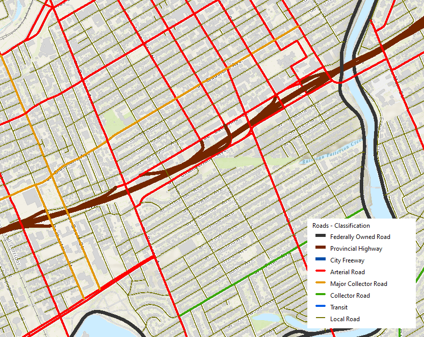 Map of Centretown roads  and classification of those roads