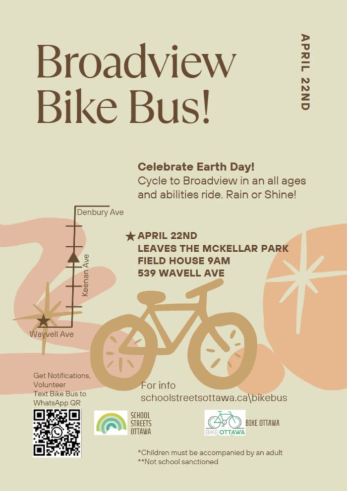 Poster announcing a new bike bus at Broadview high school. Includes details and QR code to reach the organizer