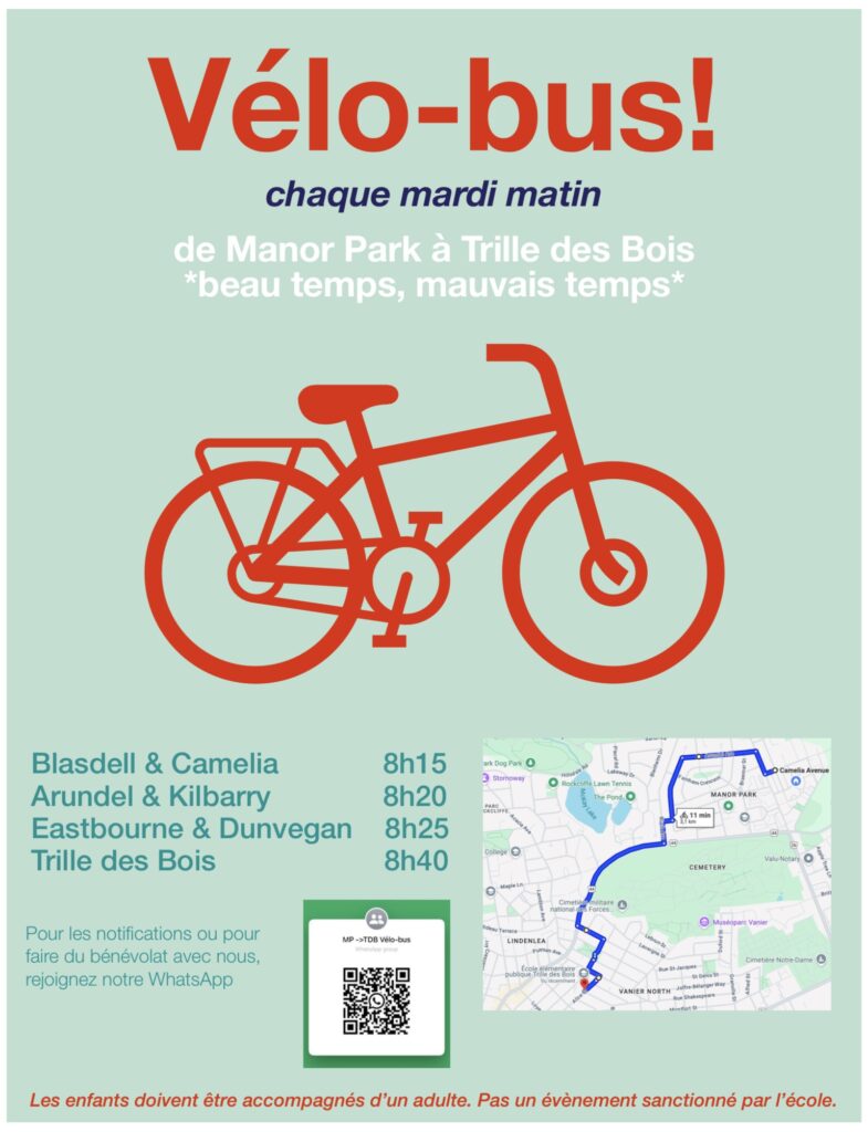 Affiche du vélobus de Manor Park. On y voit la carte du trajet et l’heure et les points de passage, ainsi qu’un code QR pour rejoindre les organisateurs du vélo bus.