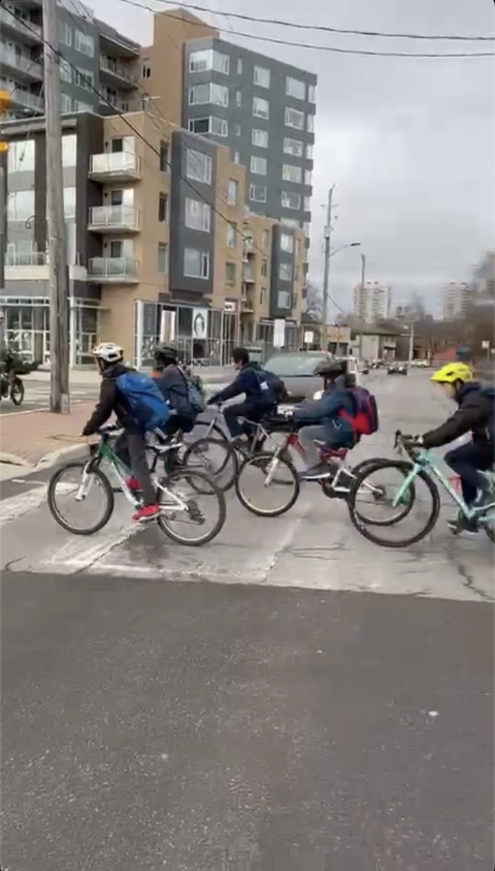 Des enfants du vélo-bus traversent l’avenue Beechwood à un passage-piétons. On peut voir une voiture attendre en arrière-plan
