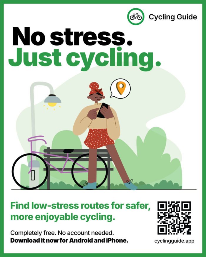 Poster of the Cycling Guide app that helps people find low-sress cycling routes. Features a woman checking her phone with her bike leaning on a park bench in the background