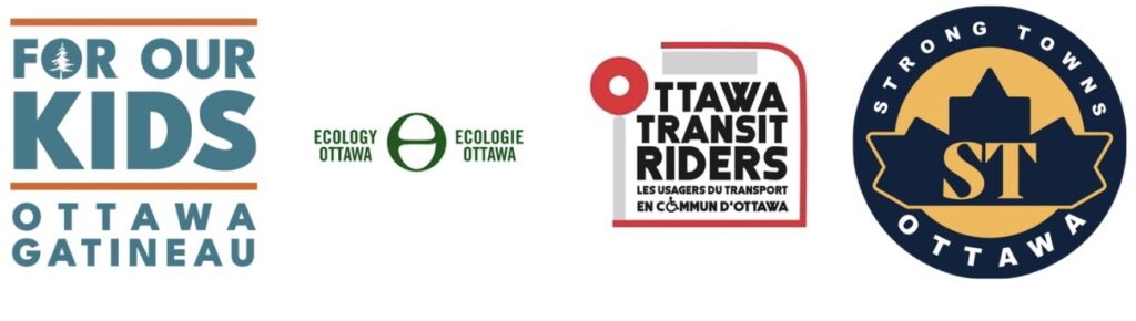 Logos of our For Our Kids Ottawa Gatineau, Ecology Ottawa, Ottawa Transit Riders and Strong Towns Ottawa