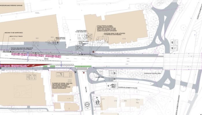 Detailed section of a drawing showing plans for Bank street presented as part of the Bank Street Active Transportation and Transit Priority Feasibility Study